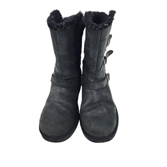 UGG Australia Becket Black Leather Sheepskin Boots Women's Moto Buckle Size 9 - Picture 2 of 7